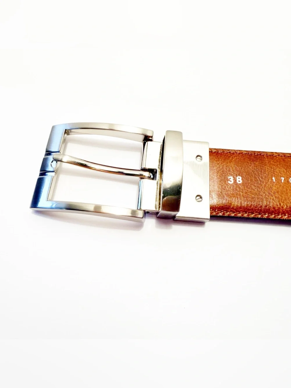 Men's Reversible Black/Brown Leather Dress Belt with Brushed Silver Buckle